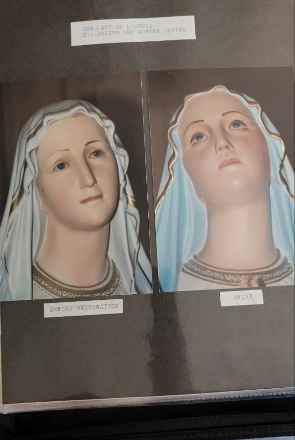 Our Lady of Lourdes — before and after restoration by Rita M. Shea, St. Joseph the Worker Shrine